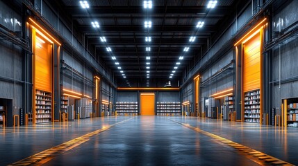 Fototapeta premium Empty industrial warehouse with open doors and yellow lighting.