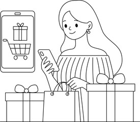 A woman checks her shopping app while selecting presents during the festive season at home