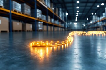 Fototapeta premium Bright LED lights illuminate a warehouse floor creating a magical atmosphere during nighttime