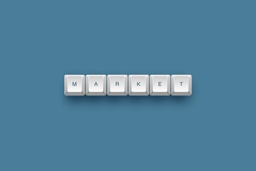 Keyboard keys spelling 'market' on blue background.