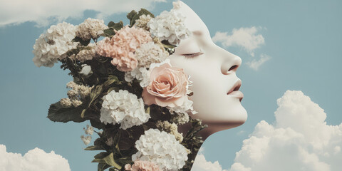 Surreal portrait of a woman with eyes closed, face surrounded by blooming flowers, peaceful and...