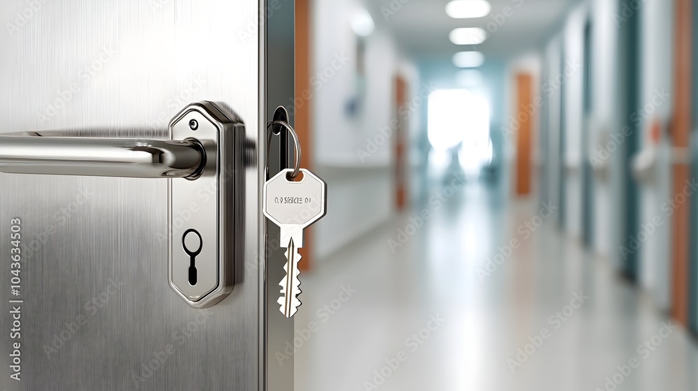Aufkleber high security lock system installed on the entrance to a radiology room with a labeled key attached 