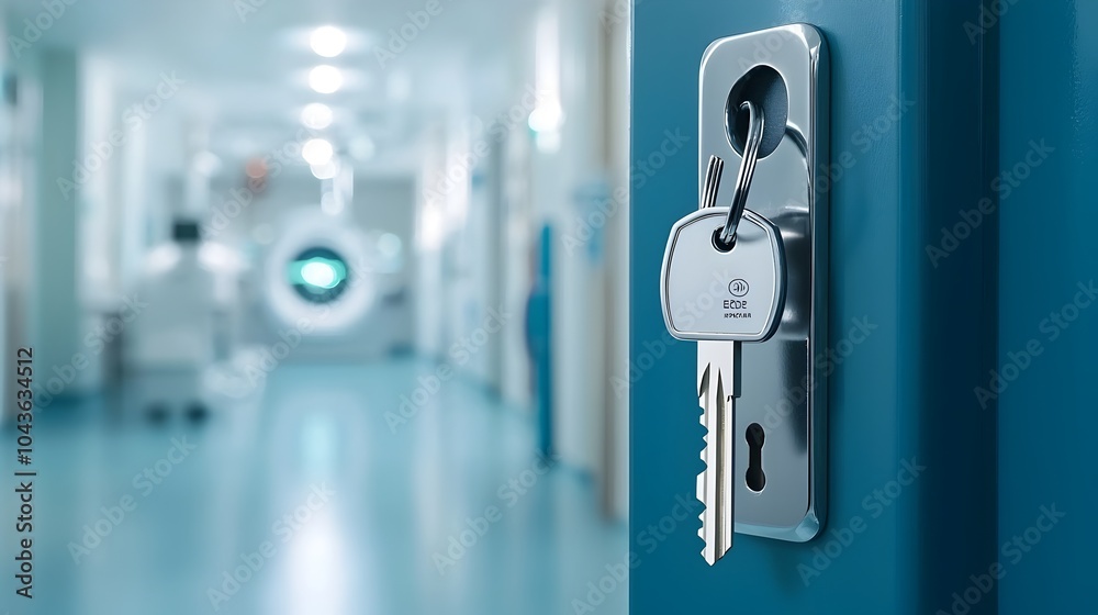 Aufkleber high security lock on the entrance to a radiology room with a labeled key attached indicating restri