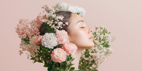 Surreal portrait of a woman with eyes closed, face surrounded by blooming flowers, peaceful and...