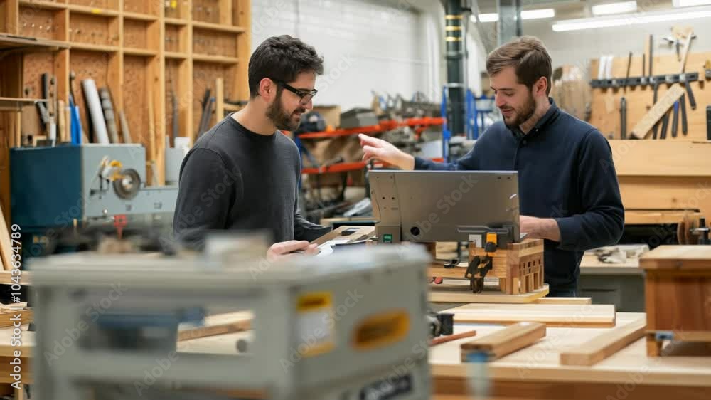 Poster in a well-equipped workshop, two carpenters share ideas and collaborate on a project using a laptop,