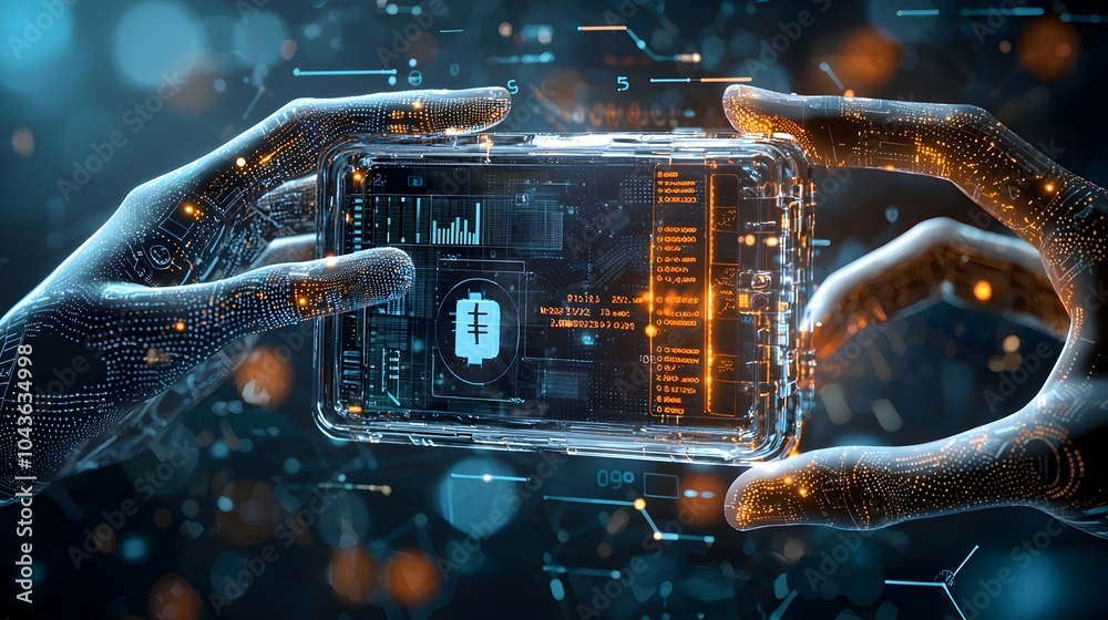 Poster Invisible hands reaching out towards a transparent wallet containing financial data and information symbolizing the unseen forces and digital nature of modern finance and banking