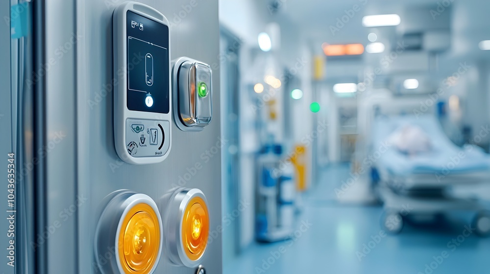 Poster Keycard Reader System Installed on the Door to an X Ray Room Featuring Indicator Lights for Access Control and Security in a Healthcare Facility