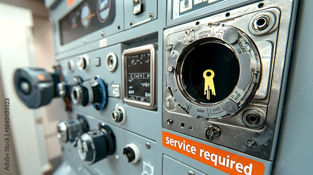 Aufkleber Malfunctioning radiology equipment control panel with a missing key component and a  service required  warning tag