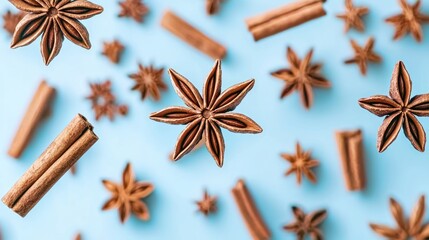 Star anise and cinnamon sticks arranged in a pattern against a blue background.