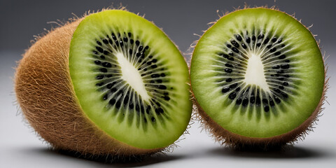 Fototapeta premium Frisch geschnittene Kiwi mit kontrastreich grünem Fruchtfleisch und symmetrisch angeordneten schwarzen Samen – perfekte Balance zwischen natürlicher Schönheit und gesundem Genuss