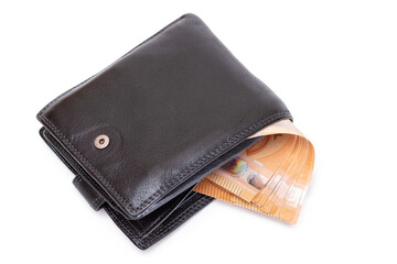 Black Leather Men Wallet with Fifty Euro Banknotes Inside - Isolated on White Background. A Purse Full of Money Symbolizing Wealth, Success and Social Status - Isolation