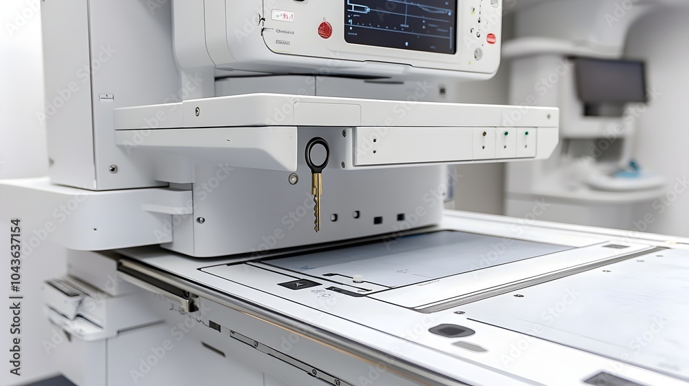 Poster Partially Inserted Key in an X Ray Security Console Lock   Close up View of an Industrial Electronic Device for Restricted Access and Privacy Protection
