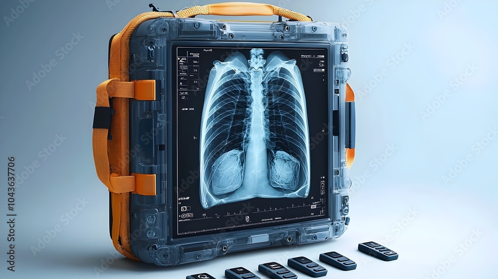 Poster Portable X ray Unit with an Array of Control Keys Laid Out Beside the Handle Designed for Convenient Use by Medical Professionals in Clinics Hospitals and Emergency Settings
