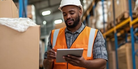 Warehouse manager using a digital tablet while supervising loading processes