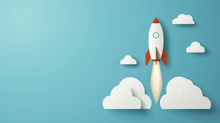 Simplified Rocket Launch Icon with Clouds