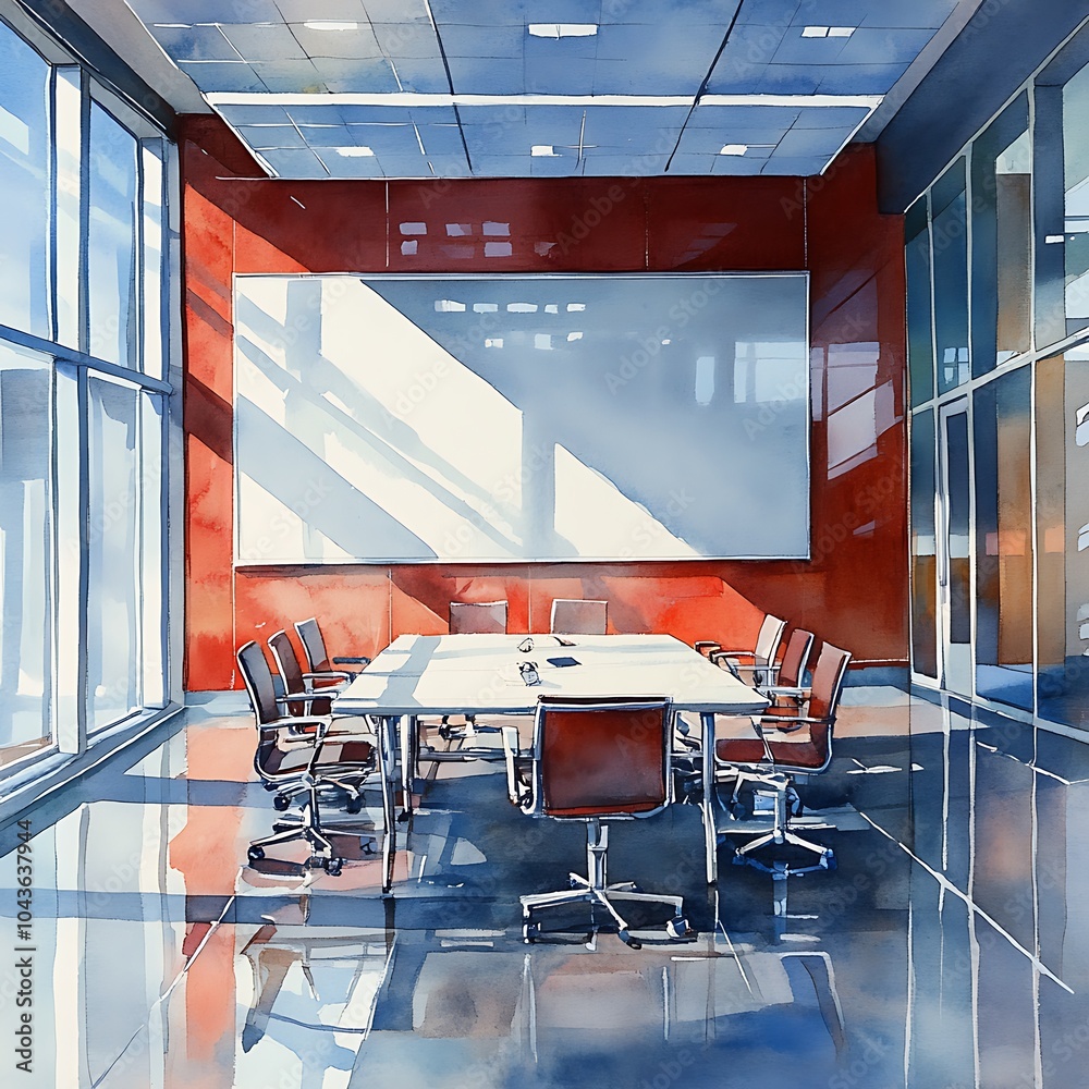 Canvas Prints Watercolor Painting of a Modern Office Meeting Room.