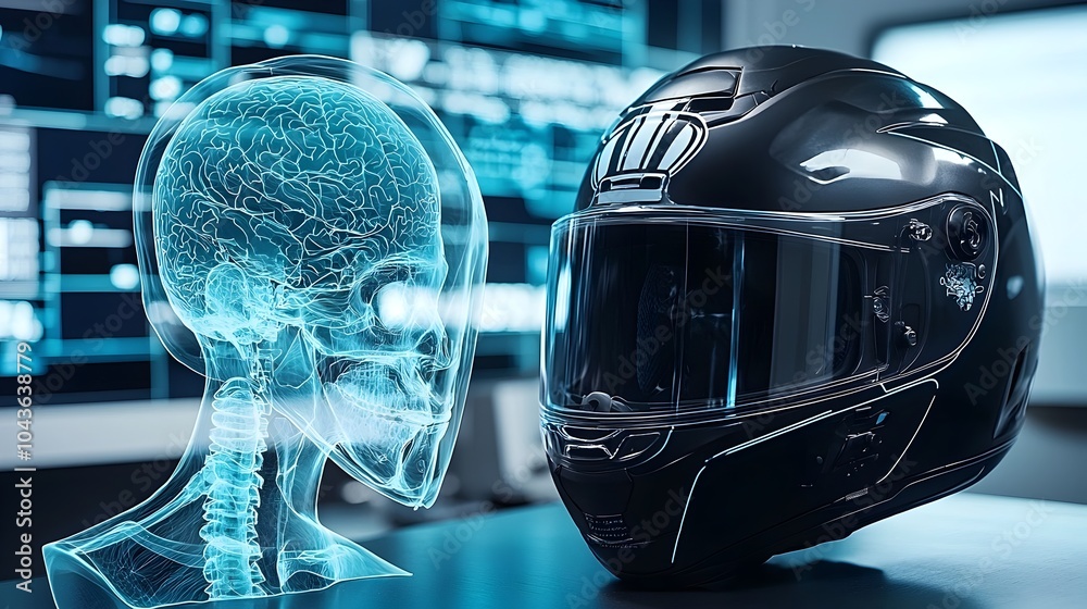 Poster Revealing the Innovative Skull Protection Design in an X Ray Helmet View   A Transparent 3D Showcasing the Advanced Engineering and Anatomy of this Protective Gear