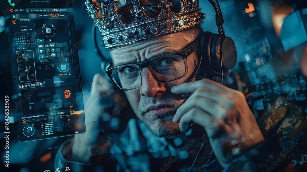 Aufkleber Scammer Wearing a Crown Posing as Tech Support on a Phone Call Screen Illustrating the Deception and Fraud in Customer Service and Technology Support