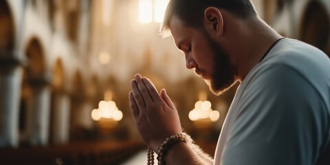 A young man is praying and holding rosary beads in a large church