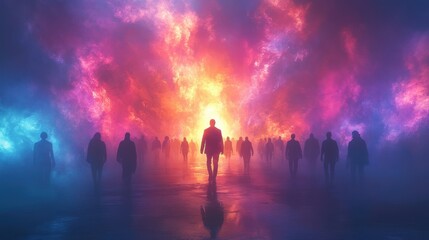Fototapeta premium Otherworldly Scene of Silhouetted Figures in Colorful Light