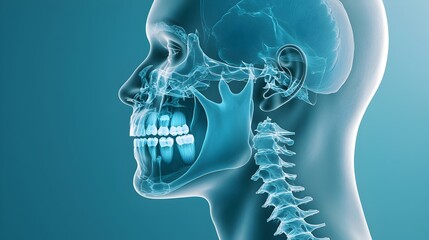 Side Profile of Head with Overlaid X Ray Teeth and Jawbone Anatomy for Medical Scientific or Educational Purposes