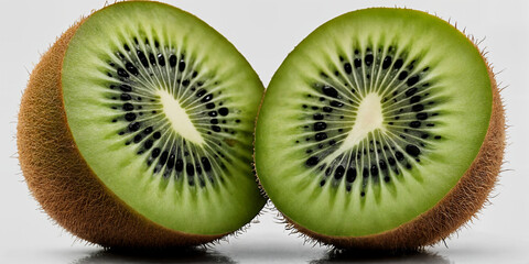 Fototapeta premium Frische, halbierte Kiwis mit leuchtend grünen Fruchtfleisch und schwarzem Samenring, makroaufgenommen auf hellem Hintergrund, zeigt Textur und saftige, gesunde Frische