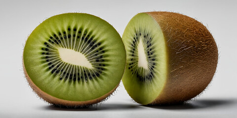 Fototapeta premium Nahaufnahme von halbierten Kiwis mit leuchtend grünem Fruchtfleisch und schwarzem Samenmuster, die die Detailgenauigkeit der Textur und Farbkontraste dieser tropischen Frucht hervorheben