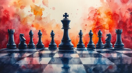 Dramatic Chess Set with Colorful Watercolor Background