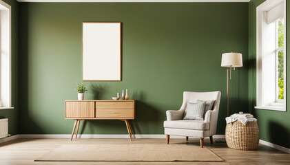 Lounge room interior with armchair on carpet, commode with decoration and mirror, side view, panoramic window on countryside. Mock up blank canvas against green wall