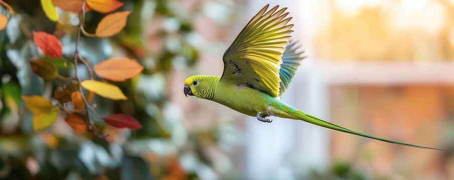 A vibrant green parakeet flies gracefully among autumn leaves, showcasing its colorful feathers and lively spirit in a natural setting.