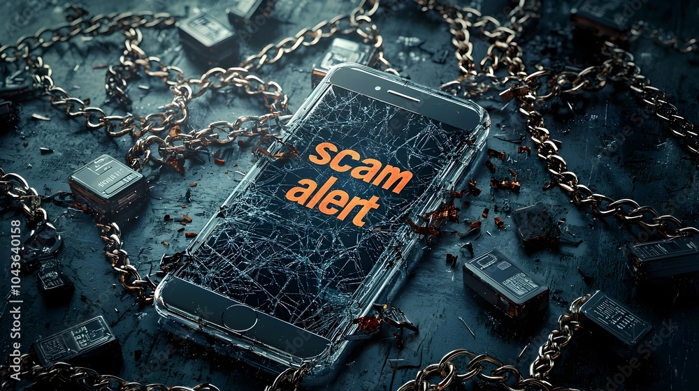 Poster Smartphone with a prominent Scam Alert message displayed on the screen surrounded by broken chains symbolizing the risks and threats of cybercrime and the need for digital security and protection