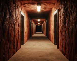 narrow underground mining passage with reinforced walls, illuminated by overhead lights, creates mysterious and industrial atmosphere. textured walls and doors add depth to scene