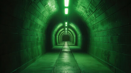 Illuminated underground mining tunnel with green lighting, showcasing long, empty pathway. atmosphere is eerie yet intriguing, inviting exploration into depths