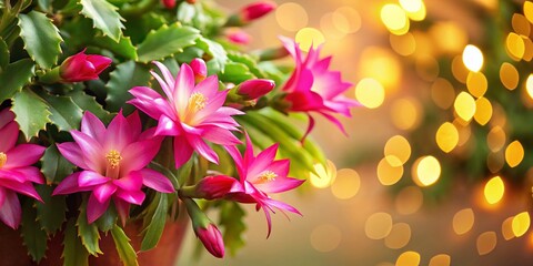 Fototapeta premium Hot Pink Christmas Cactus in Bloom - Vibrant Indoor Plant with Copy Space for Holiday Decor Ideas