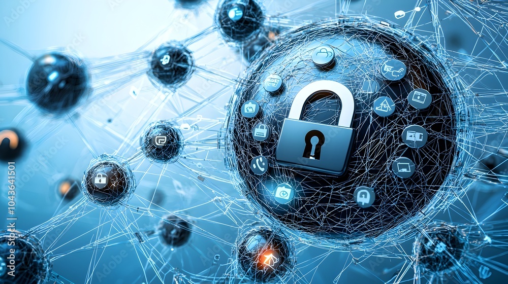 Poster Tangled web of fake digital messages phone icons and locked security symbols representing the concept of online disinformation data breaches and the need for digital privacy protection