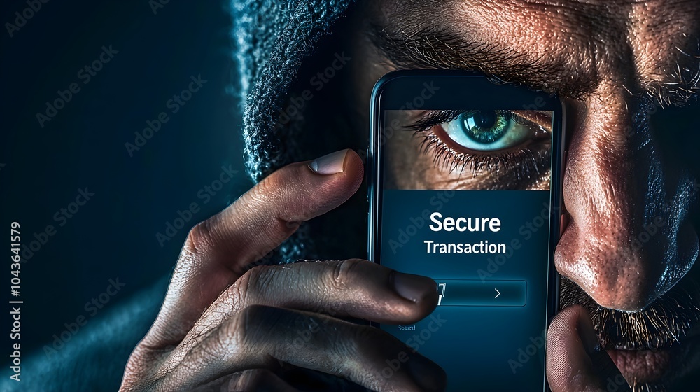 Aufkleber The image depicts the reflection of a criminal s face on a phone screen displaying a Secure Transaction message