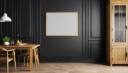 Contemporary dark kitchen with furniture. Interior design concept. A blank mockup copy space canvas