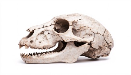 Naklejka premium Ancient Weathered Animal Skull on White Background Symbolizing Decay and Mortality