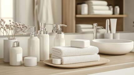 A serene bathroom setting featuring neatly arranged toiletries and towels.