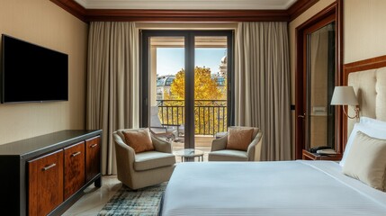 Fototapeta premium Bright luxury apartment room featuring a comfortable balcony, chairs, cushions, and a flat-screen TV