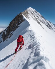 Climber Ascends Snowy Mountain Peak with Determination