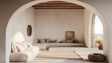 Moody white interior, coastal rustic living room wall, archway alcove, picture frame, dim hall. Coastal Archway. Illustration