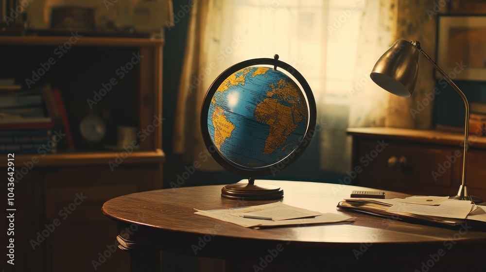 Poster A globe on a wooden table with papers, indicating a study or planning space.