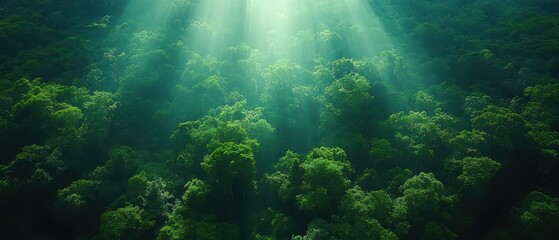 Obraz premium Aerial view of a lush tropical rainforest, vibrant green tree canopy, intricate foliage patterns, serene and untouched wilderness