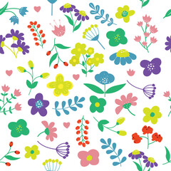 Floral spring pattern. Plant background for fashion, tapestries, prints, decor, textile. Different colorful flowers