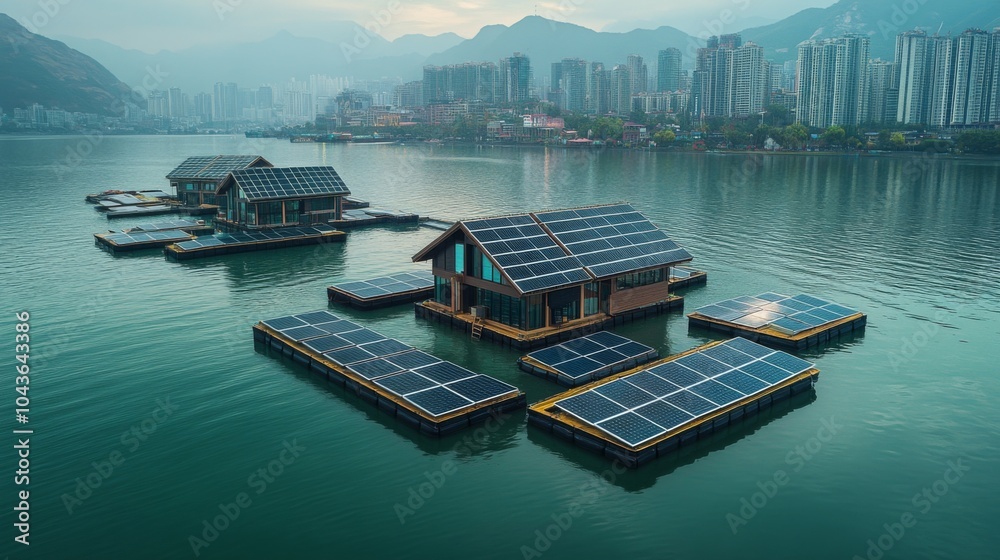 Poster four floating homes equipped with solar panels rest on tranquil waters, with distant mountains and a