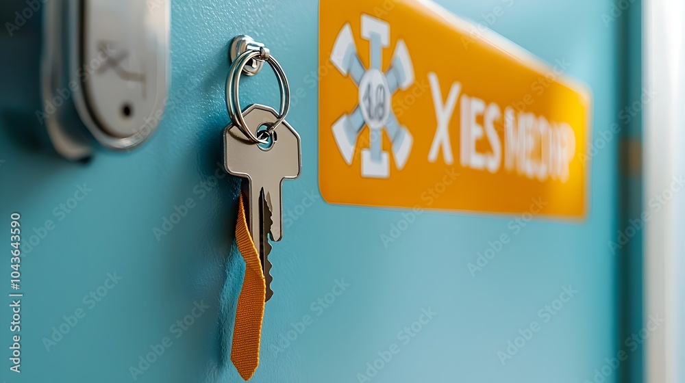 Poster x ray access key with coiled safety strap placed beside radiation warning signage for restricted or 