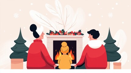 Naklejka premium A cozy family scene by the fireplace, featuring a couple and a child, surrounded by Christmas trees and festive decorations.