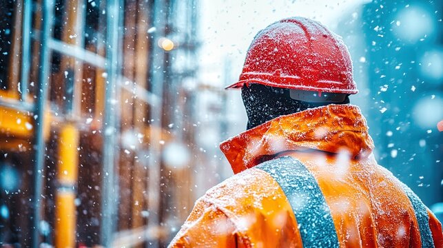 Construction worker wearing warm clothes working on a snowy day at construction site