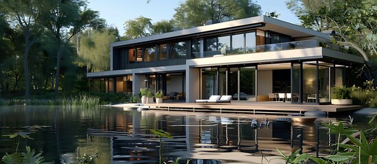 A contemporary lake house with sleek lines large windows and a spacious deck Overlooking a tranquil lake and surrounded by lush greenery